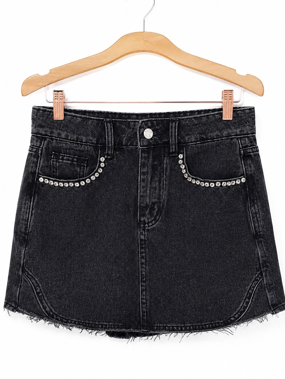 Kroche Paris Washed Black Denim Mini Skort Rhinestone Raw Hem Sz 3 Y2K